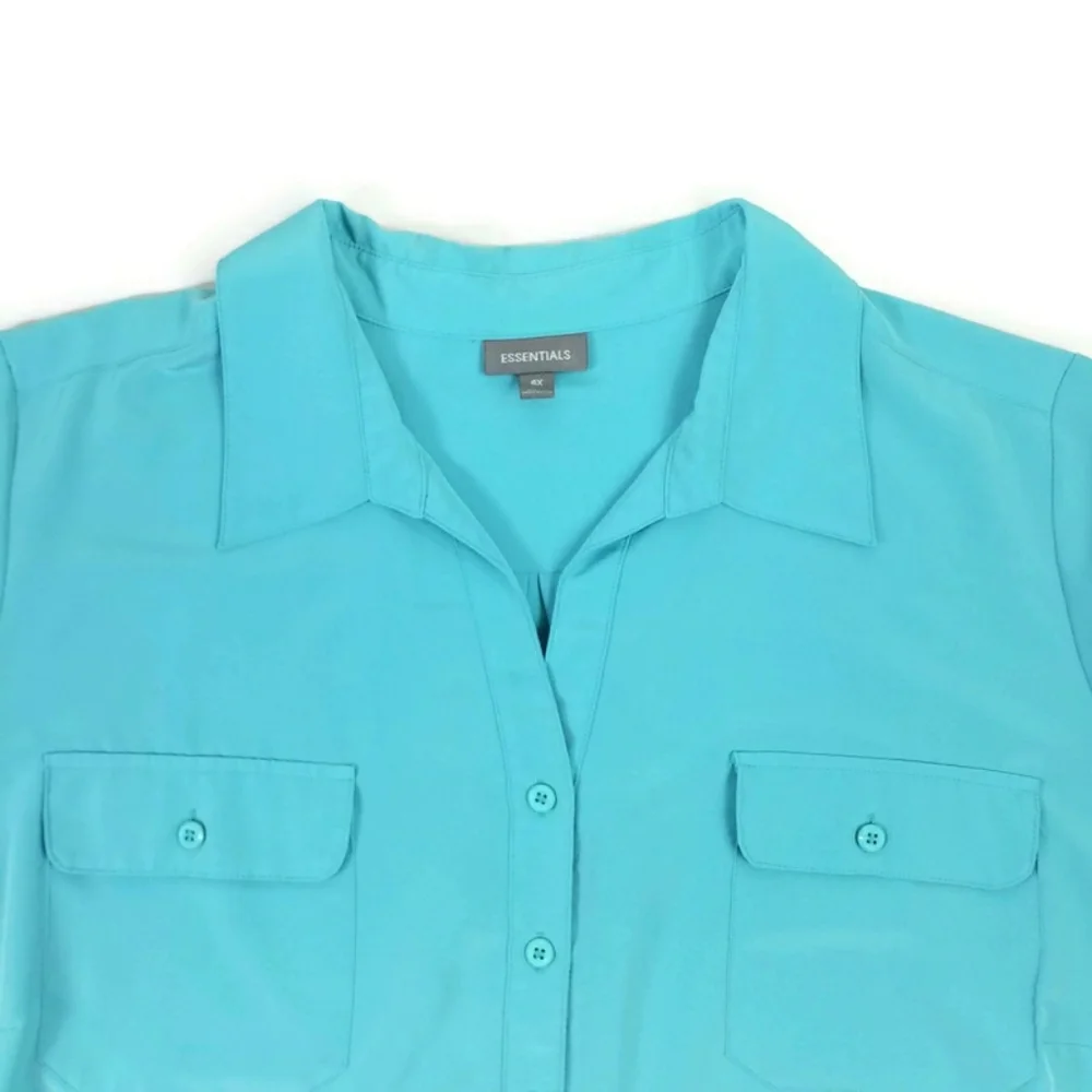 Essentials Blue Button Front Short Cuffed Sleeve Career Blouse Womens 4X - Picture 4 of 13